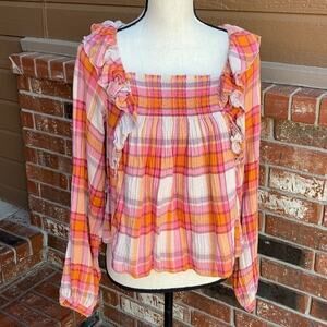 Free People Sienna Plaid Pullover Top NWT XS Tea Combo Ruffle Smocked Boho